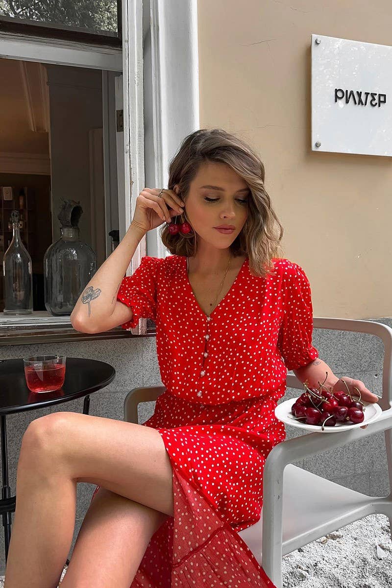 CWDMD5265_V-NECK POLKA DOT WAIST SLIM MIDI SPLIT DRESS