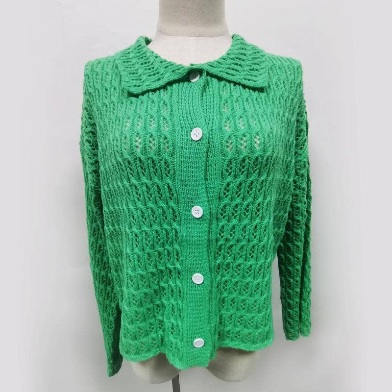 LAPEL HOLLOWED OUT SOLID COLOR BUTTON CARDIGAN