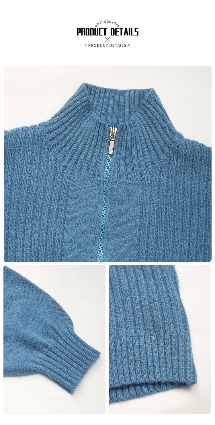 STAND COLLAR SOLID COLOR ZIP-UP CARDIGAN SWEATER