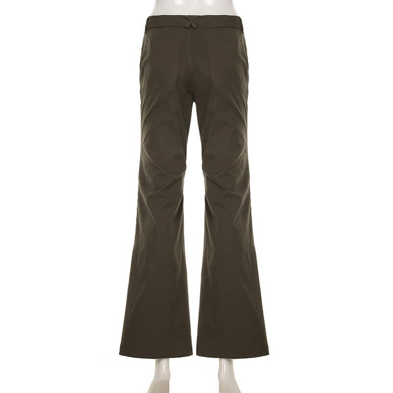 STREET STYLE SOLID COLOR BELT LACE-UP BASIC PANTS