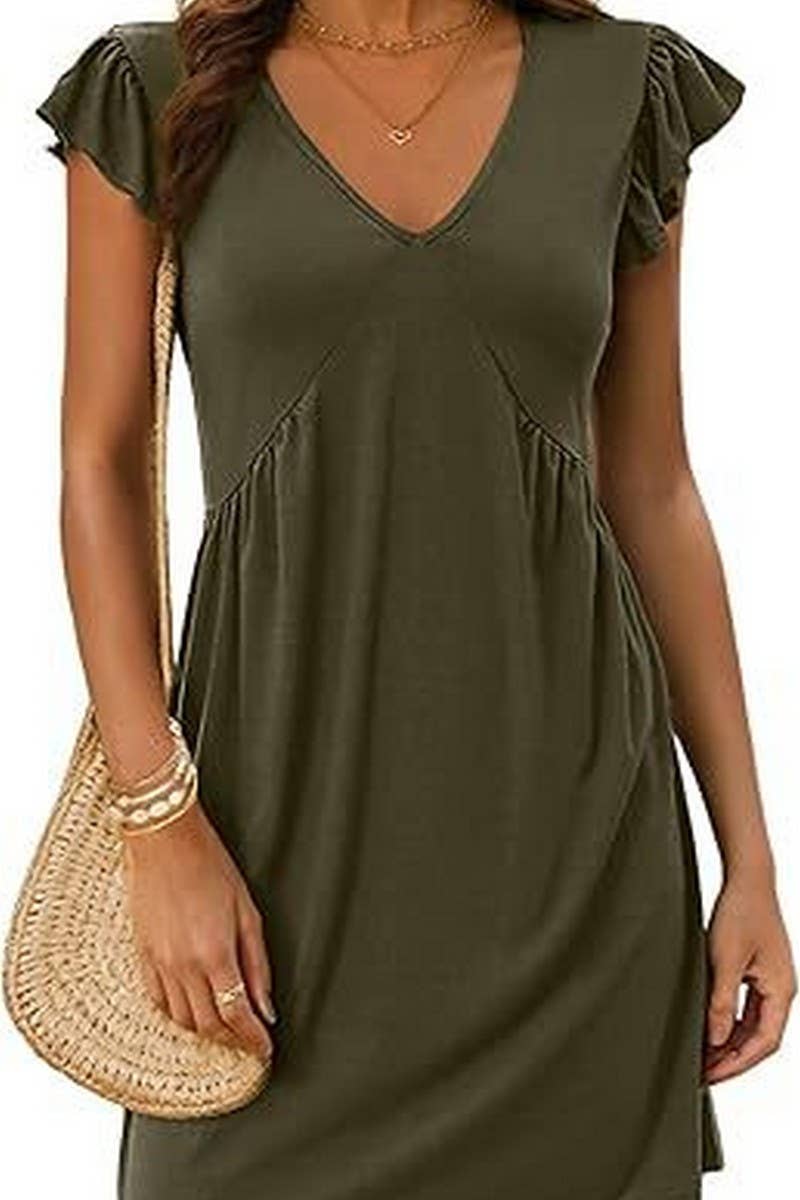 CWDSD8807_V-NECK FLYING SLEEVES PLEATED MINI TANK DRESS