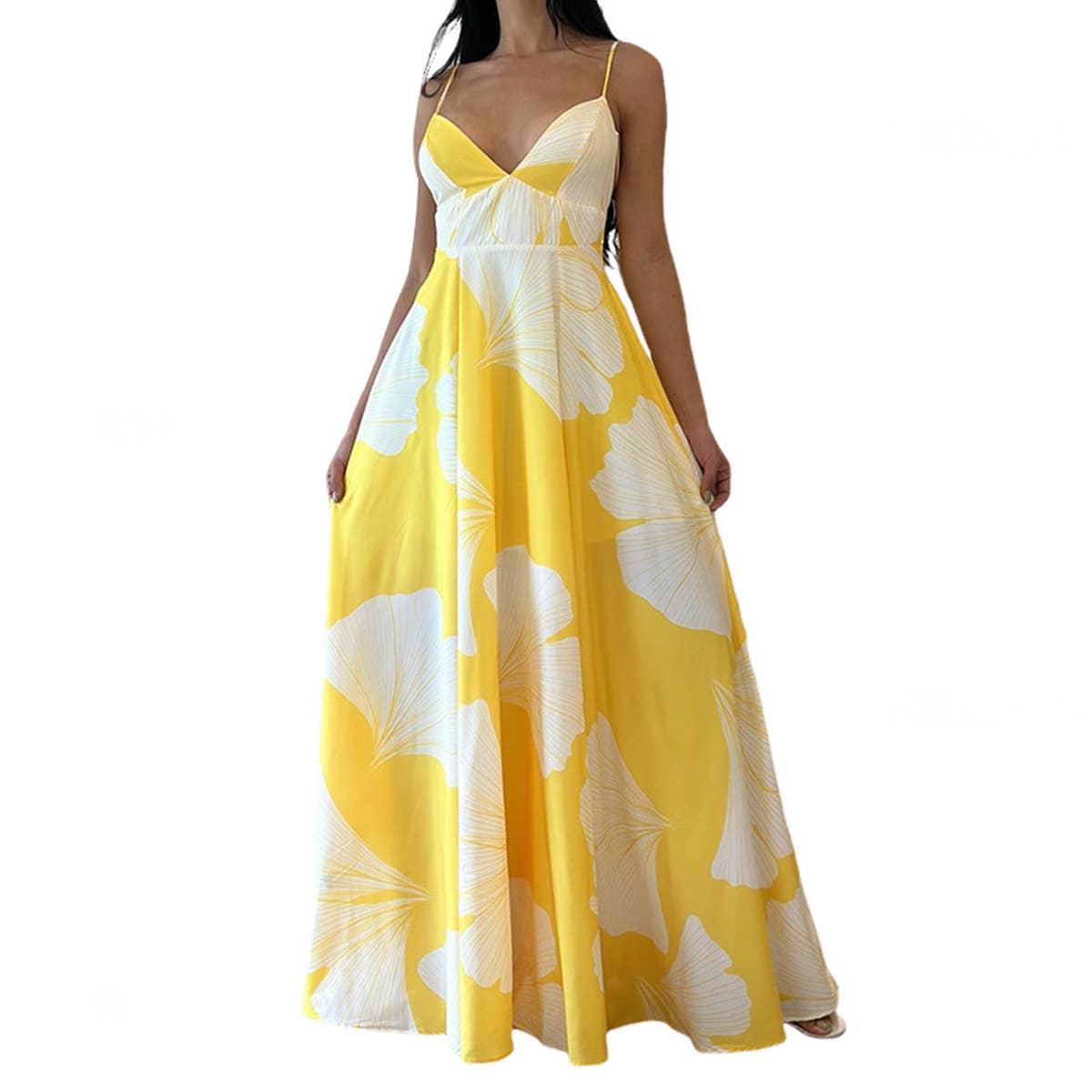 Abstract floral print mid-length swing halter dress