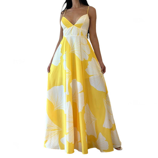 Abstract floral print mid-length swing halter dress