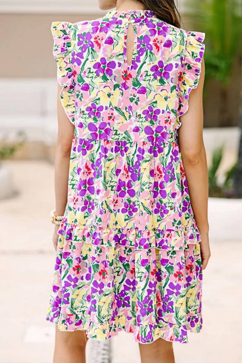 CWDSD6591_PRINTED FUNGUS COLLAR RUFFLE CAKE DRESS