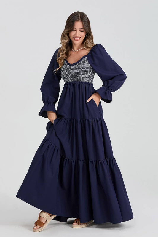 CWDMD5709_LONG SLEEVE RUCHED RUFFLE TIERED MAXI DRESS