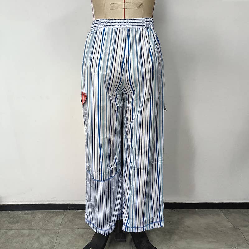 Plaid patchwork striped elastic-waist pants