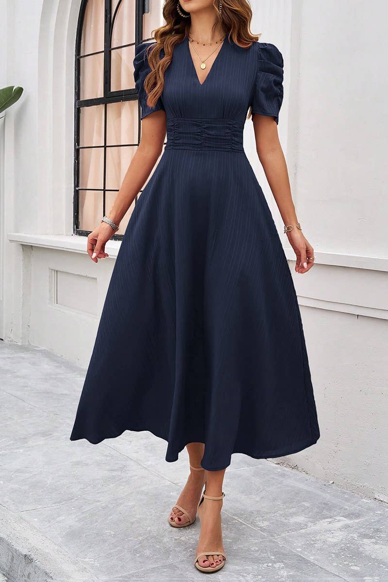 CWDMD5340_V-NECK ELEGANT SOLID COLOR HIGH WAIST DRESS