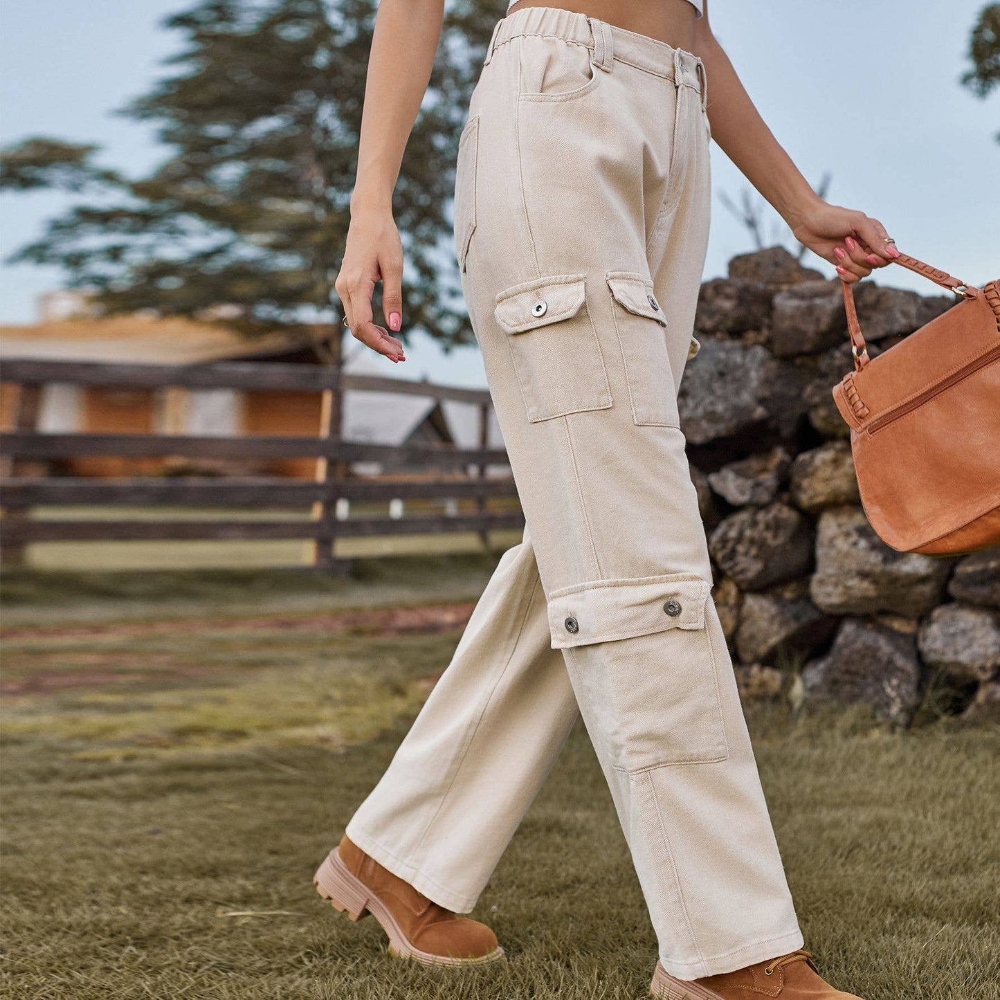 Semi-elastic personalized denim cargo pants