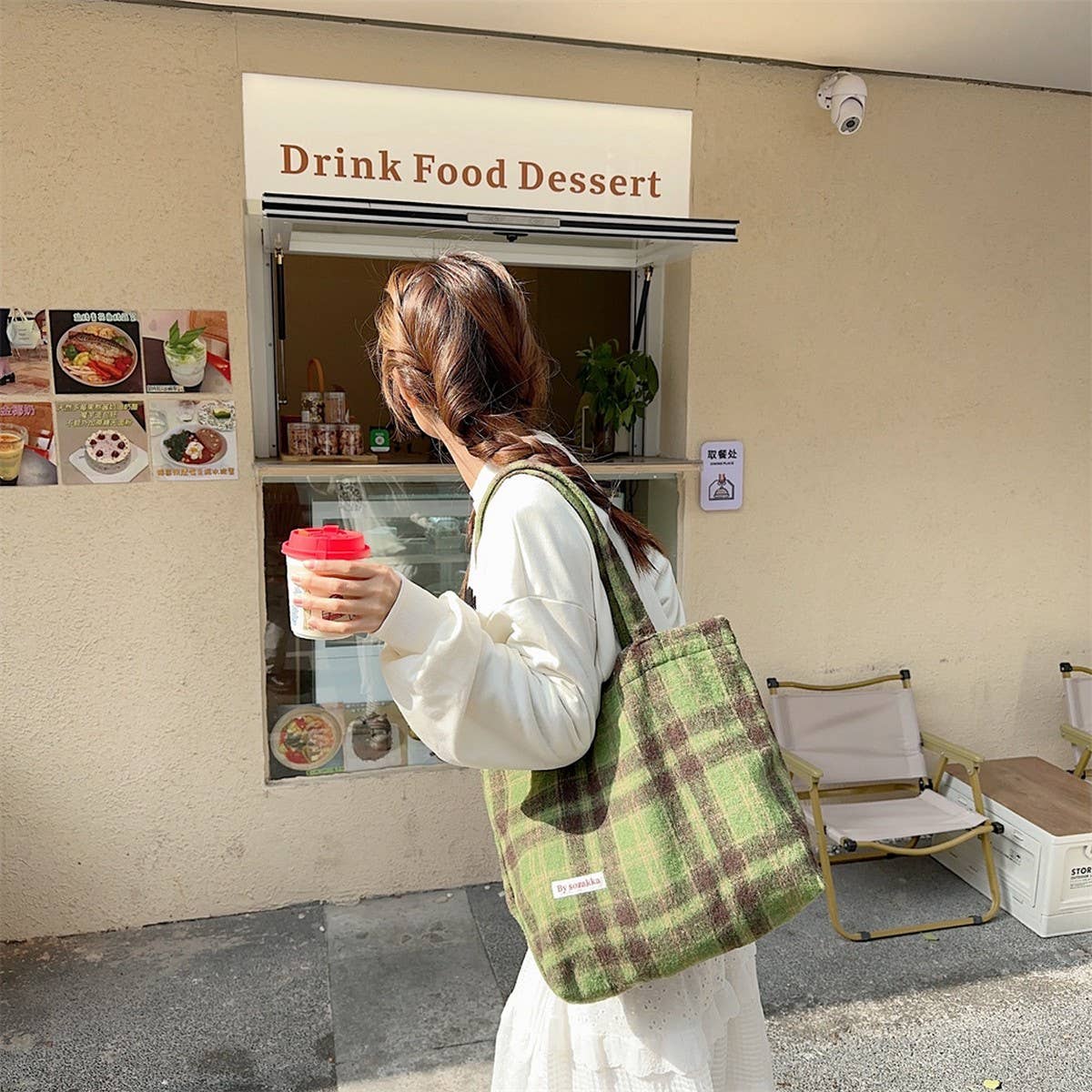 CWAB3897_LARGE CAPACITY VINTAGE PLAID TOTE SHOULDER BAG