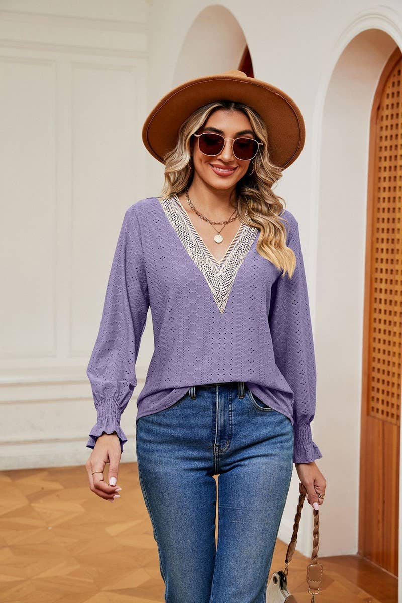 Cwtbll2389_V-Neck Lace Stitching Long-Sleeved Pullover