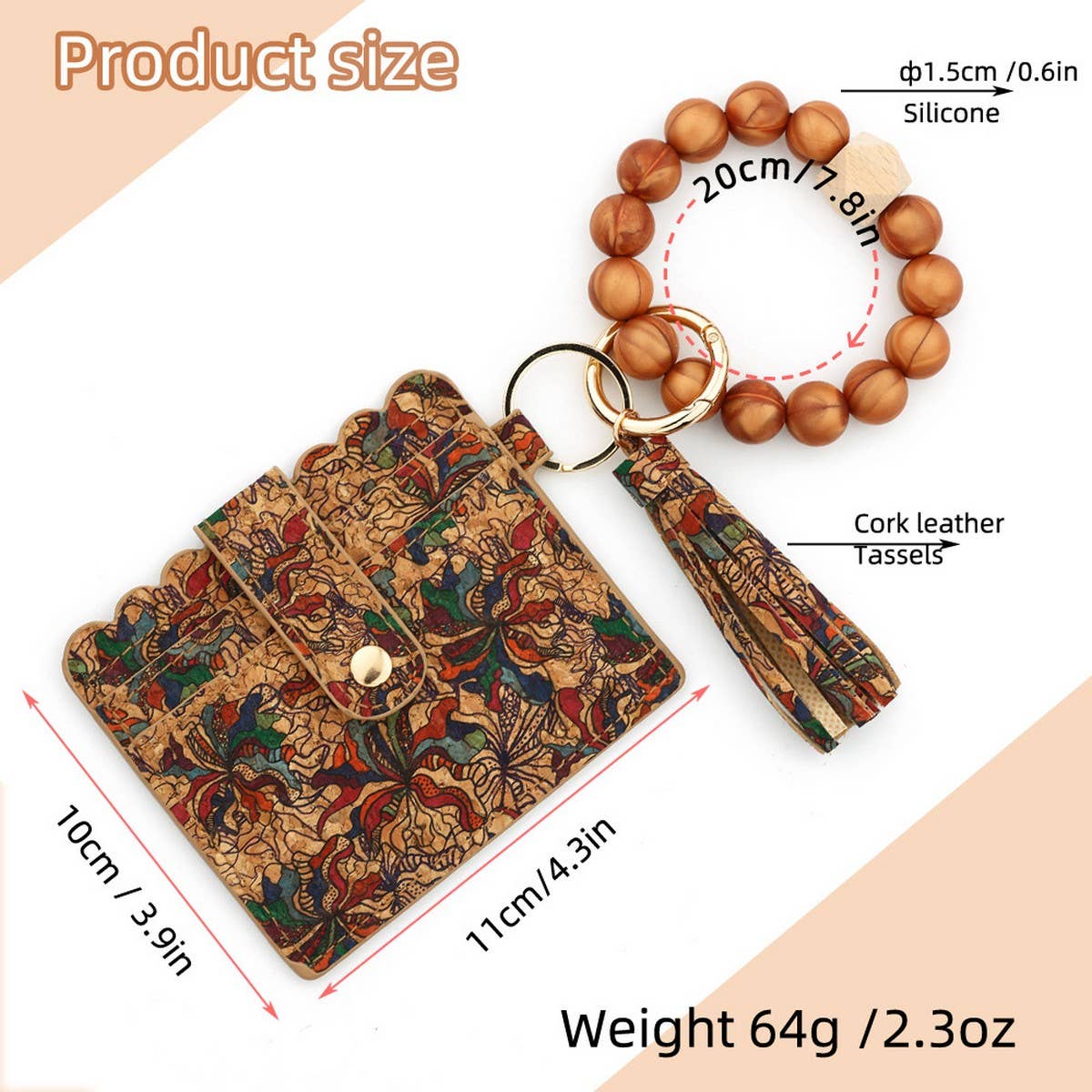 Silicone Bead Keychain Cork Card Wallet with Print_CWAB4951