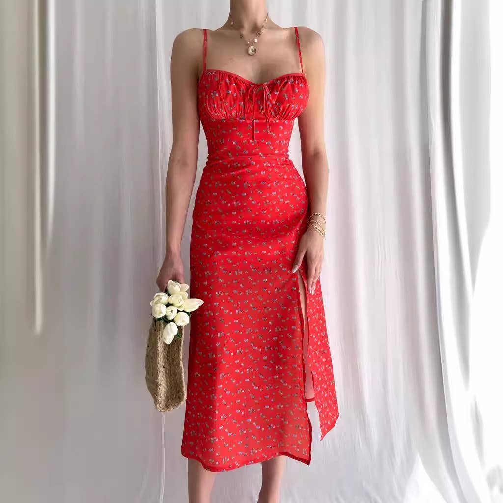 PRINT FLORAL SLIM-FIT SEXY DRESS WITH HIP WRAP