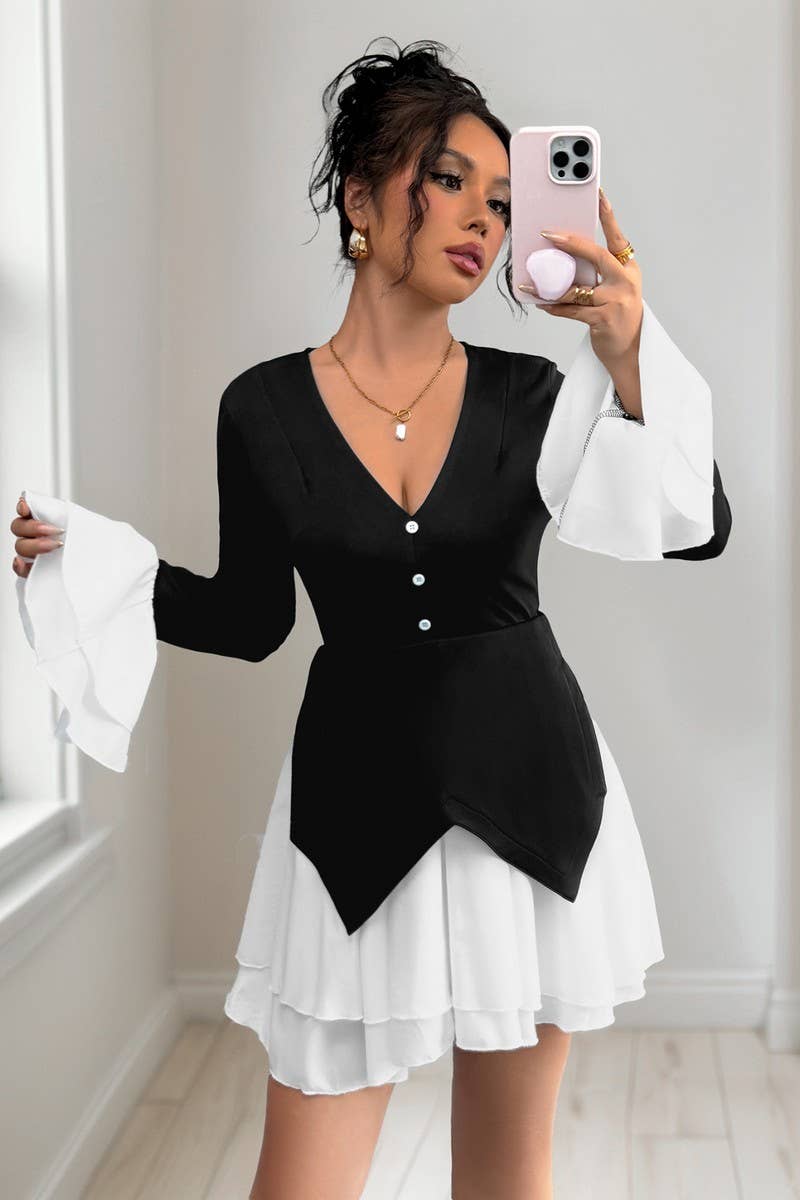 CWDSD8744_COLORBLOCK RUFFLE TRIM LONG SLEEVE DRESS