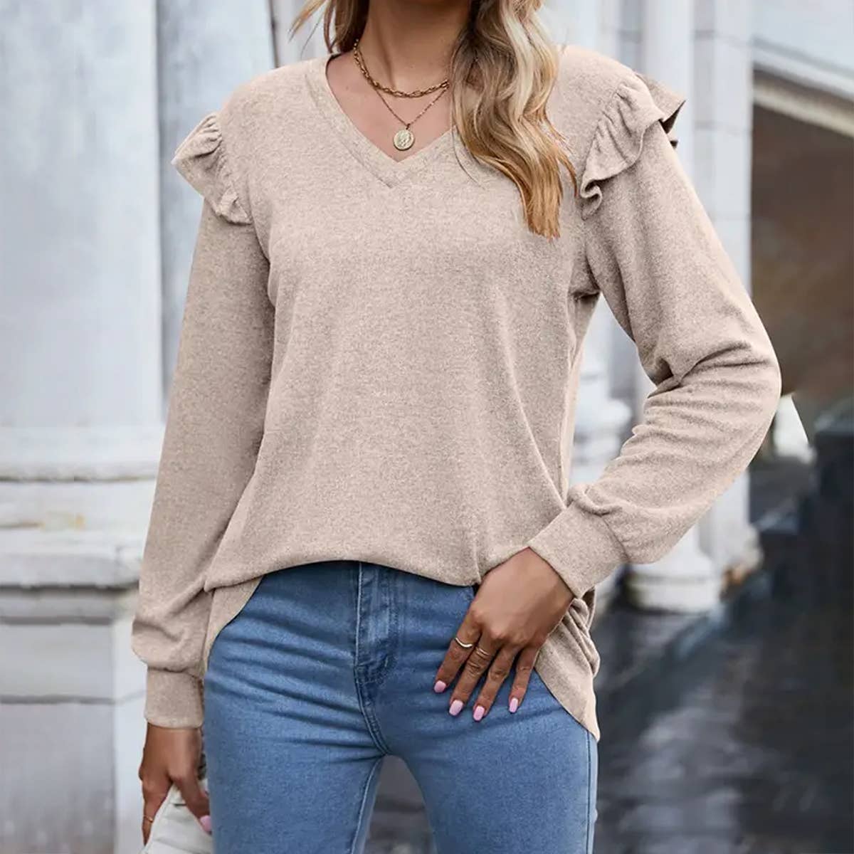 WOMEN V NECK FLYING SLEEVE BLOUSE_CWTBLL0575