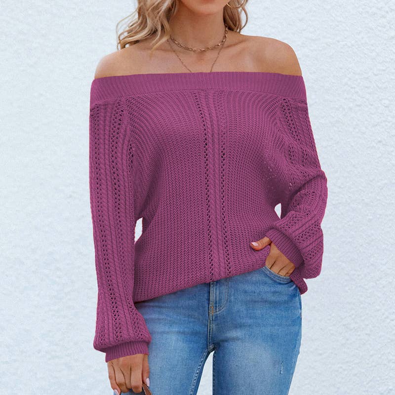 Solid color hollow-out line neck pullover sweater