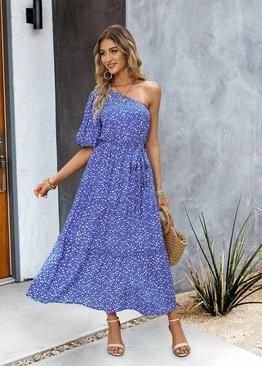 SLANT SHOULDER PRINTED LANTERN SLEEVE DRESS