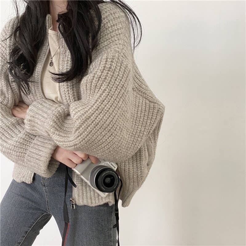 Solid-color zipper thick knitted cardigan
