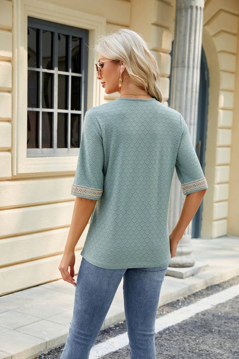 V NECK LACE STITCHING SOLID COLOR LOOSE TOP_CWTSTS0187