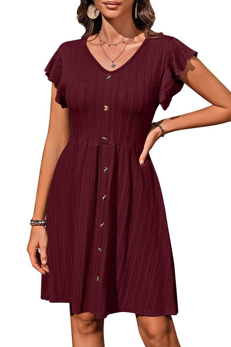 CWDSD6686_V-NECK BUTTON WAIST ELASTIC SHORT SLEEVE DRESS