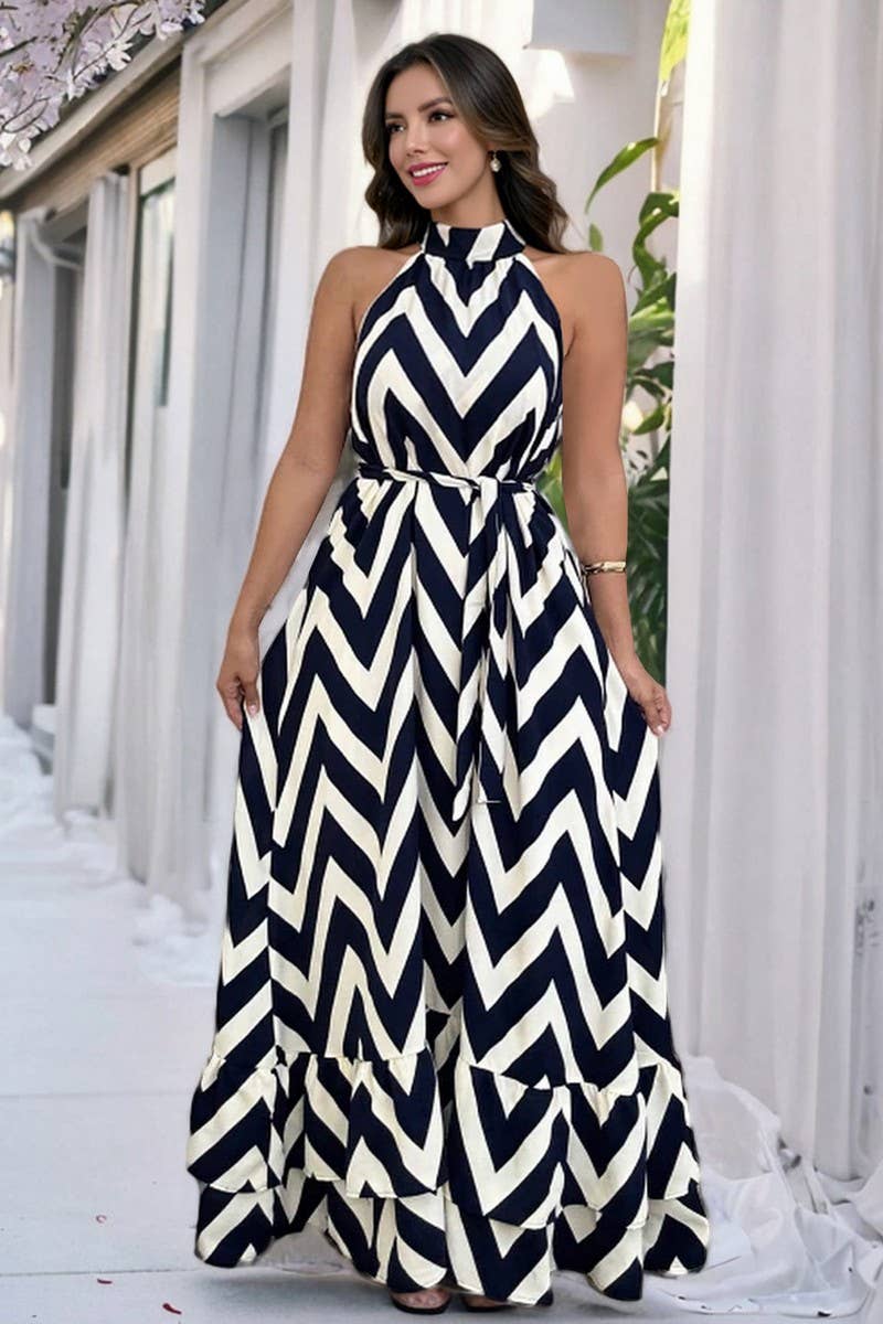 CWDMD6202_SLEEVELESS HIGH NECK WAVE PRINT TIE DRESS