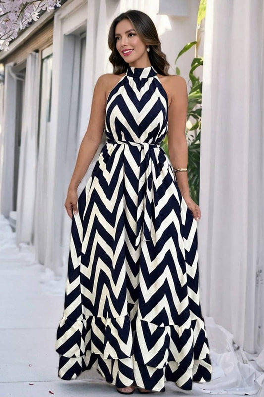 CWDMD6202_SLEEVELESS HIGH NECK WAVE PRINT TIE DRESS