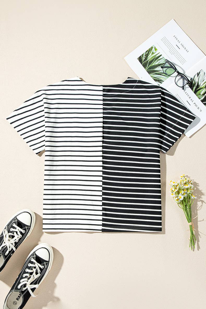V-neck trend color matching print loose T-shirt