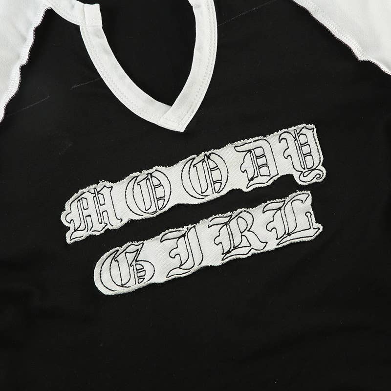 LETTER PRINT V-NECK KNITTED LONG SLEEVE T-SHIRT