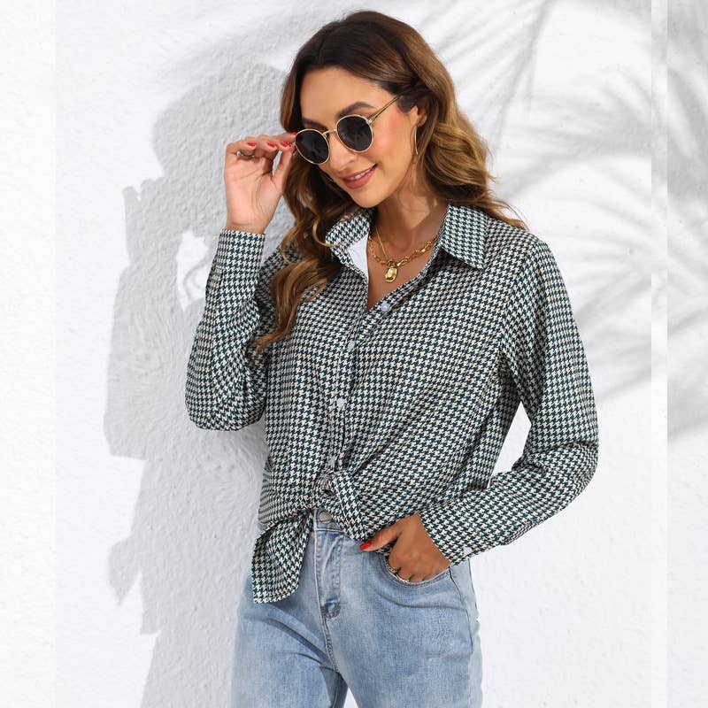 Lapel checked loose casual long-sleeved shirt