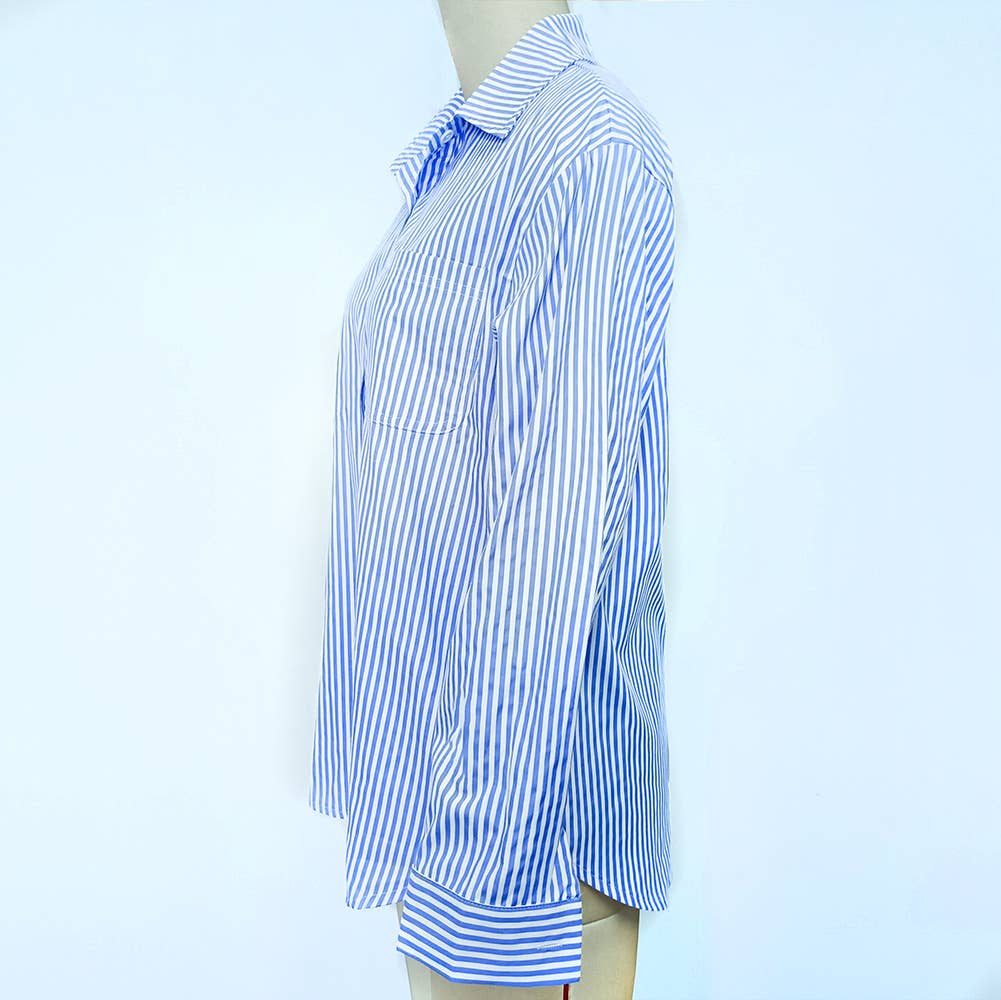 STRIPED BAGGY LAPEL LONG-SLEEVED BUTTON-UP SHIRT