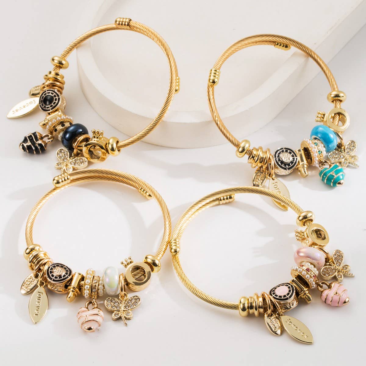 Travel Style Steel Bracelet with Rhinestone Charms