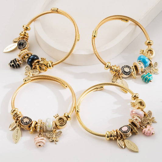 Travel Style Steel Bracelet with Rhinestone Charms