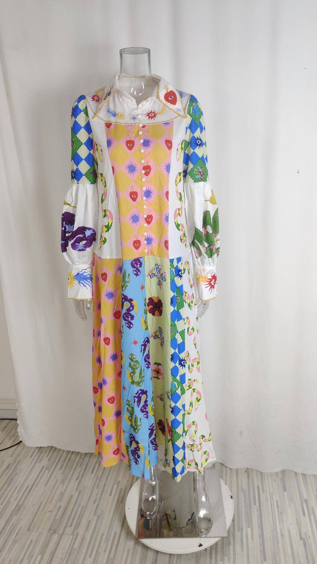 LANTERN SLEEVE PRINTED LAPEL LONG-SLEEVED DRESS