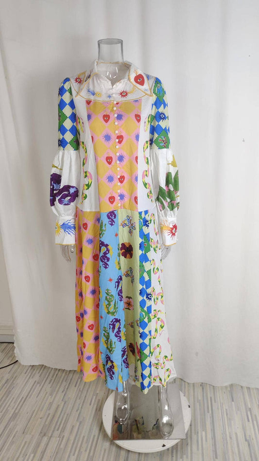 LANTERN SLEEVE PRINTED LAPEL LONG-SLEEVED DRESS