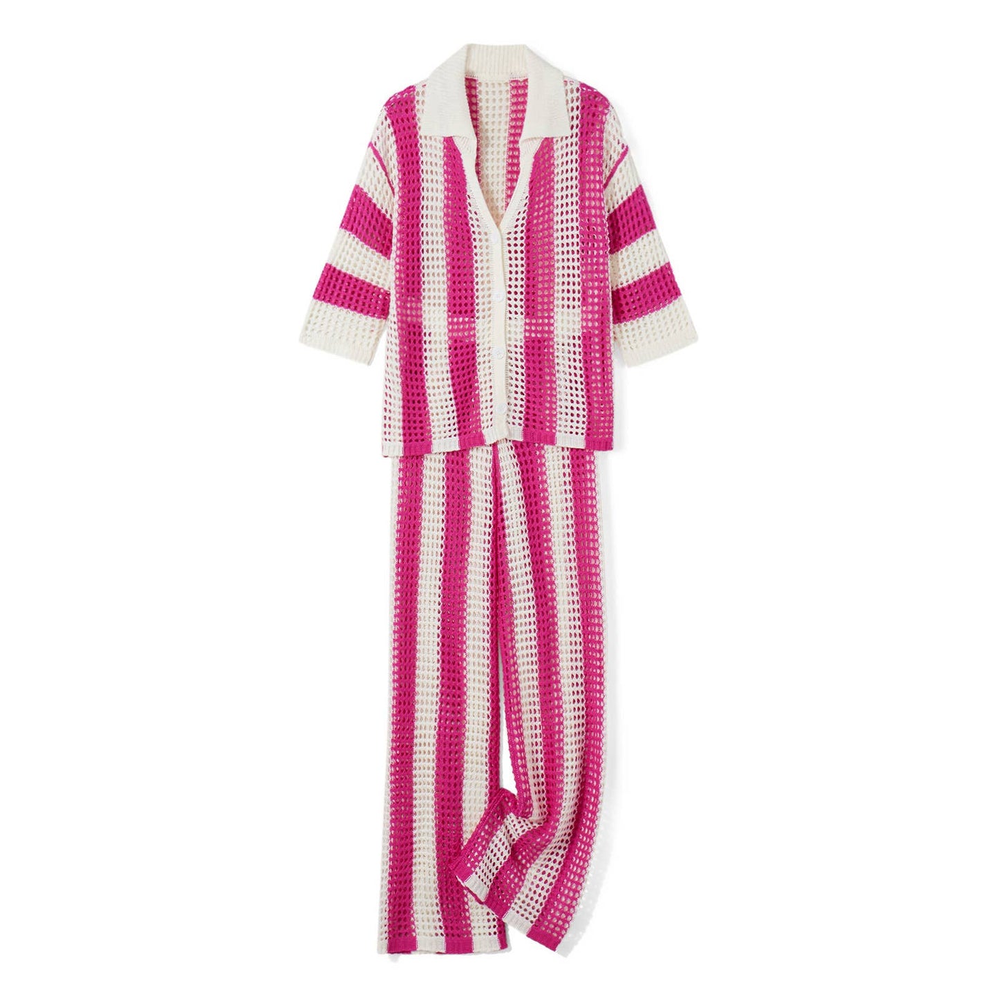 V-neck striped shirt,wide-leg pants,knitted suit