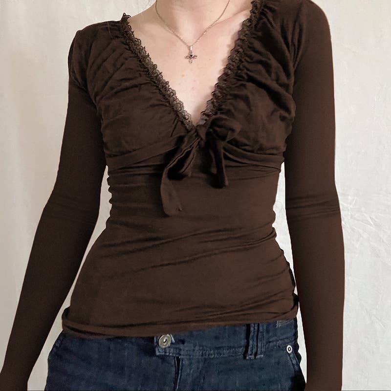 LACE PATCHWORK PLEATED LACE-UP LONG SLEEVE SHIRT