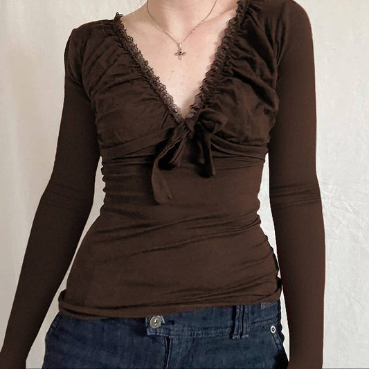 LACE PATCHWORK PLEATED LACE-UP LONG SLEEVE SHIRT