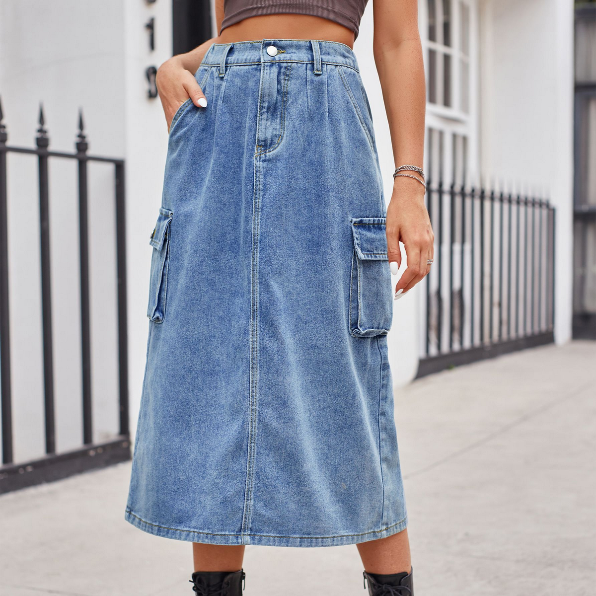 Women??¢s Washed Denim Cargo Midi Skirt Slim Fit_CWJSK0198