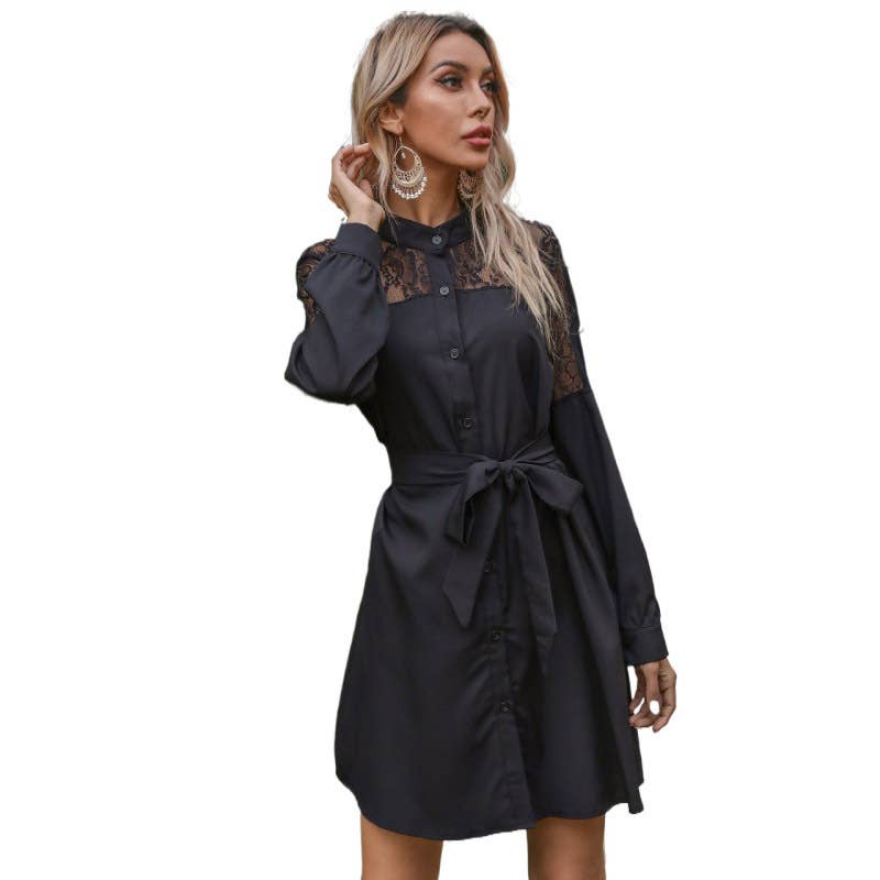 Semi-turtleneck patchwork lace shirt dress