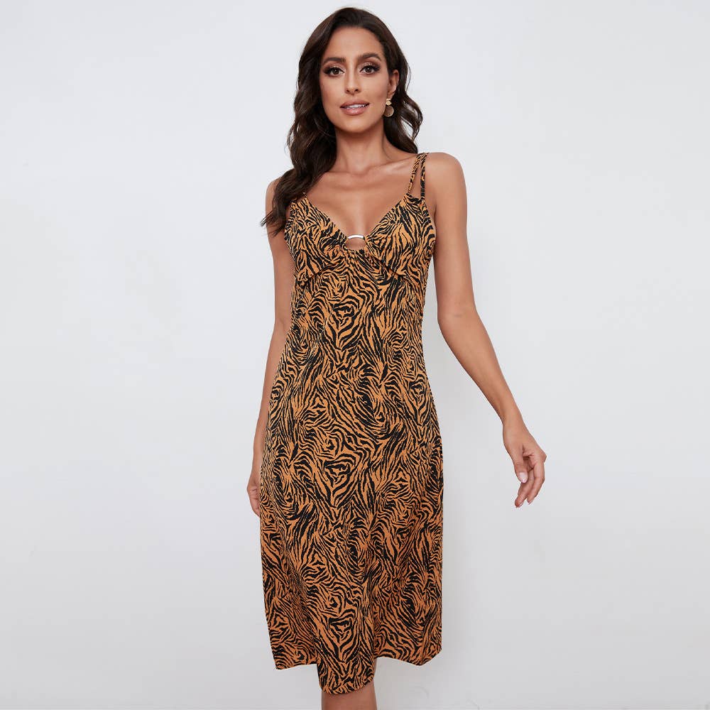 V-NECK HALTER PRINT ZEBRA-PRINT FRENCH DRESS