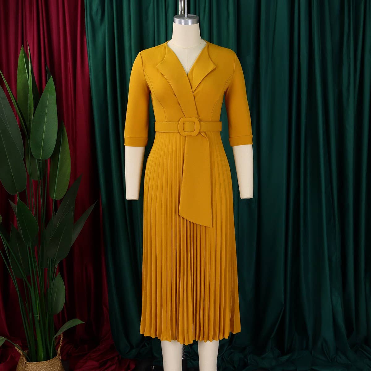 FASHION SUIT COLLAR PLEATED WAIST PLUS SIZE DRESS_CWDMD3653