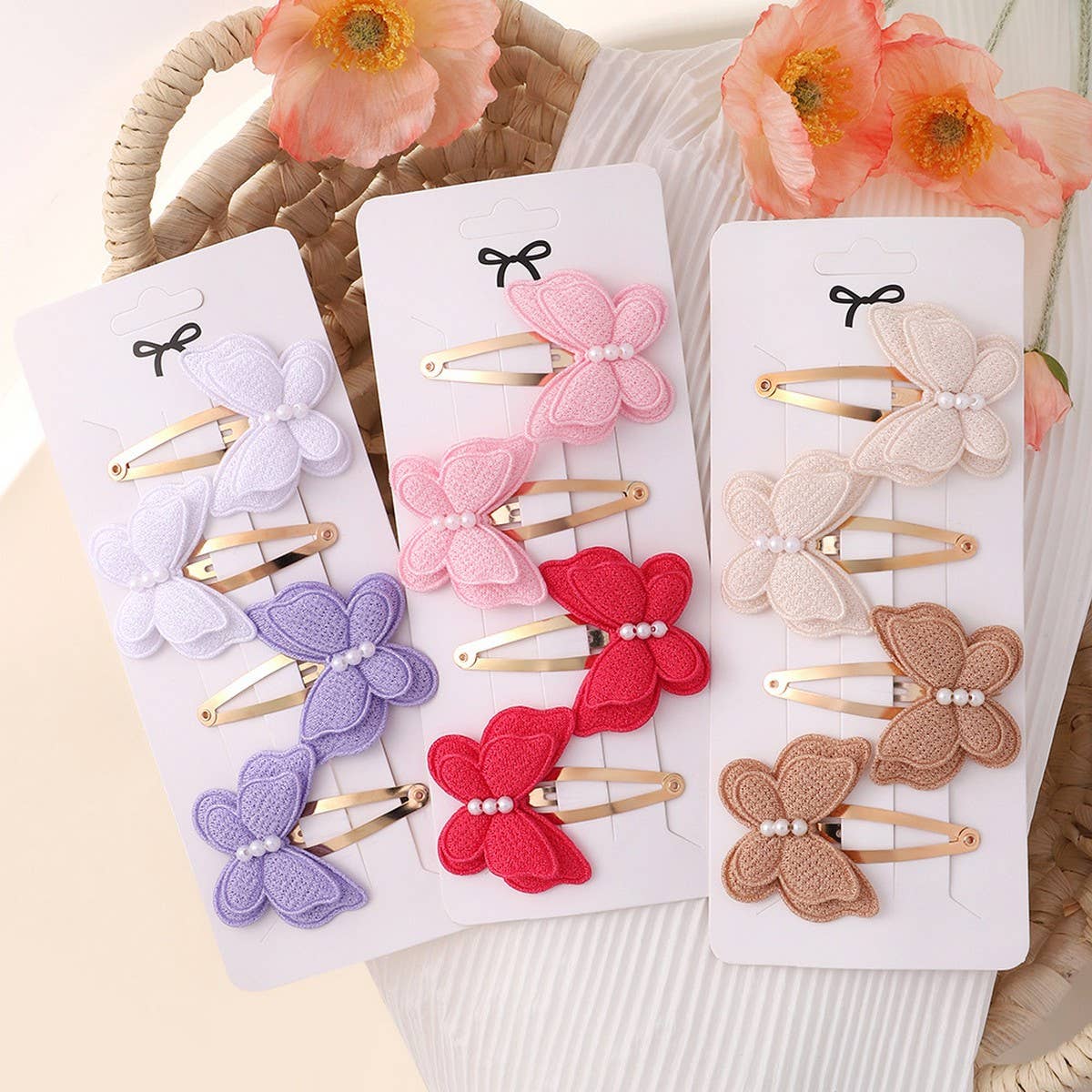 Double-Layer Pearl Bow Hair Clip Set for Kids