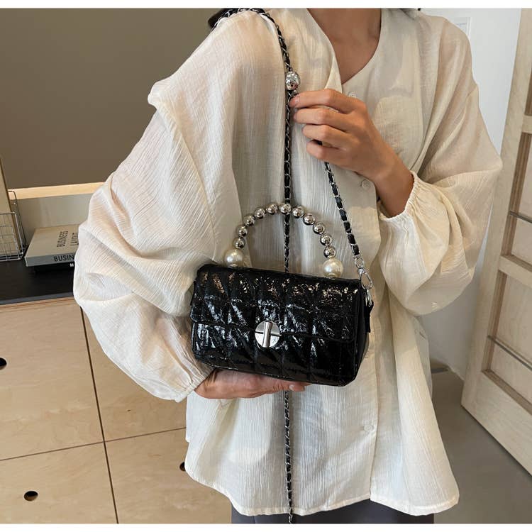 Laser pearl chain diamond single-shoulder bag
