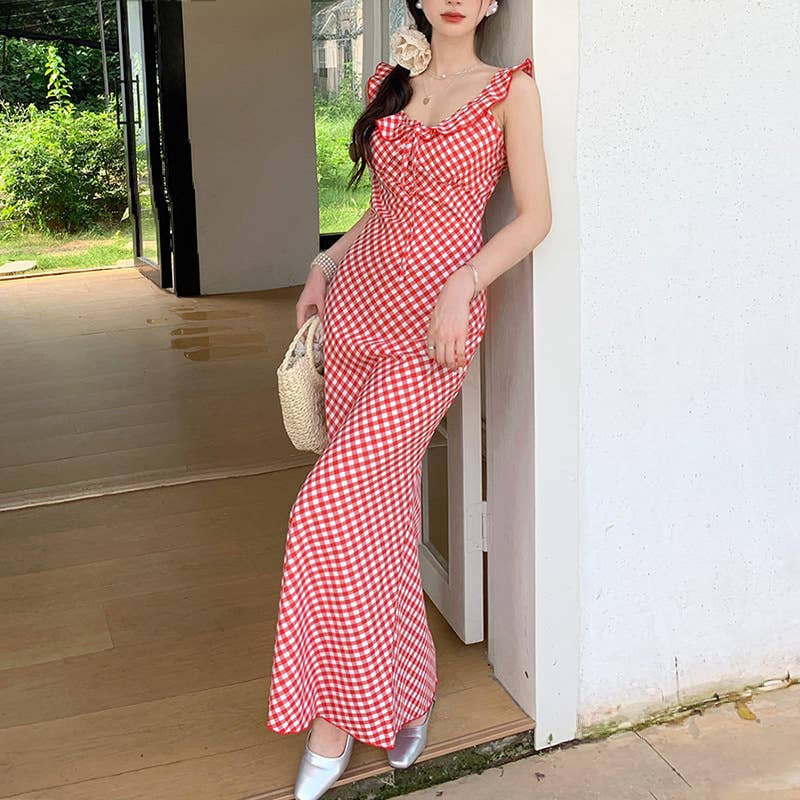 Retro tea break vacation checkered halter dress