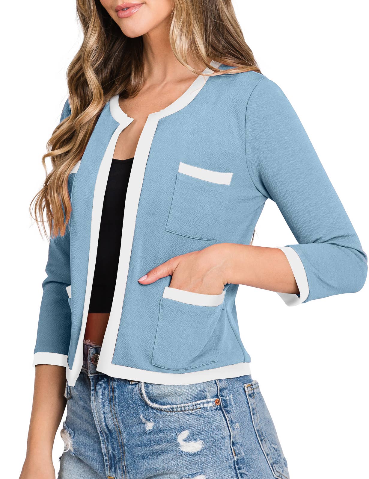 CWOBL103_3/4 Sleeve Bolero Open Front Cardigan