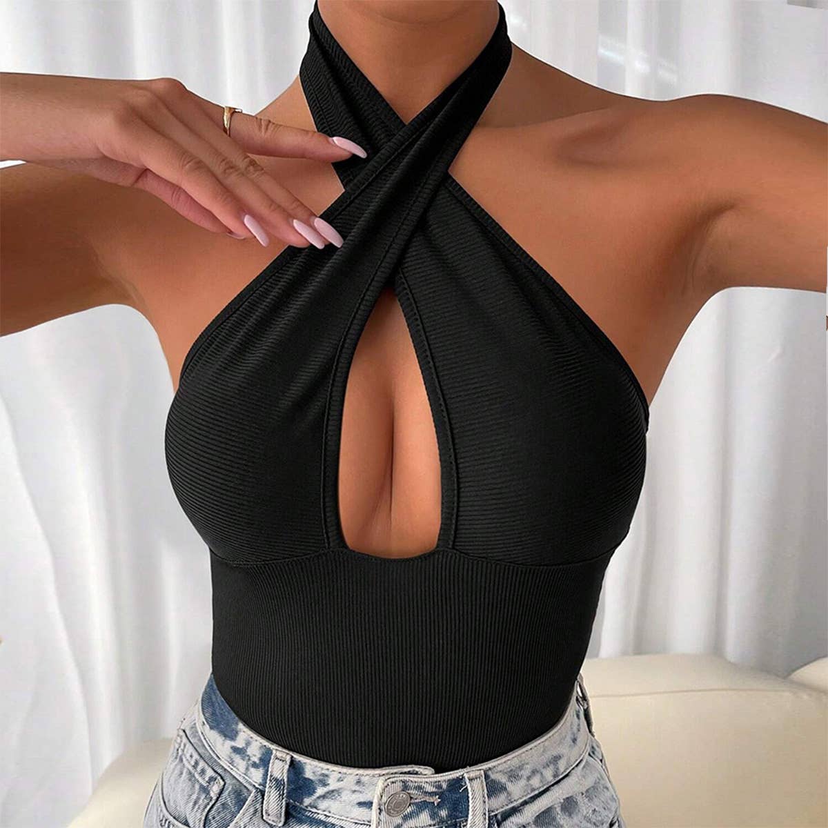 Sexy backless cross halter solid color jumpsuit