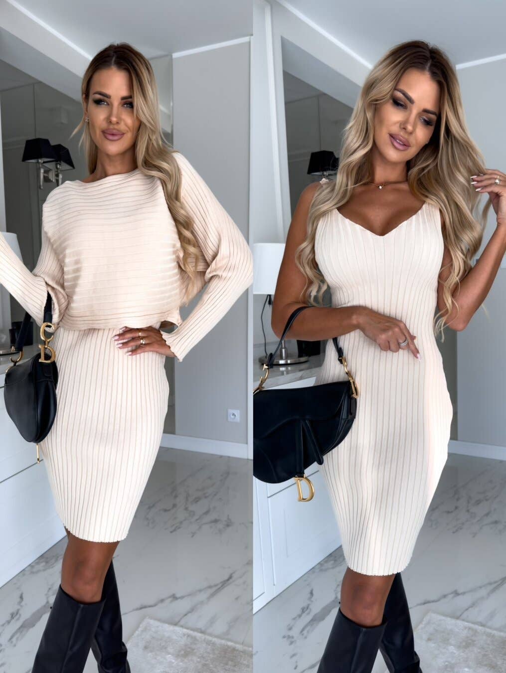 PIT STRIP LONG SLEEVE TOP SLIP SKIRT TWO-PIECE SET
