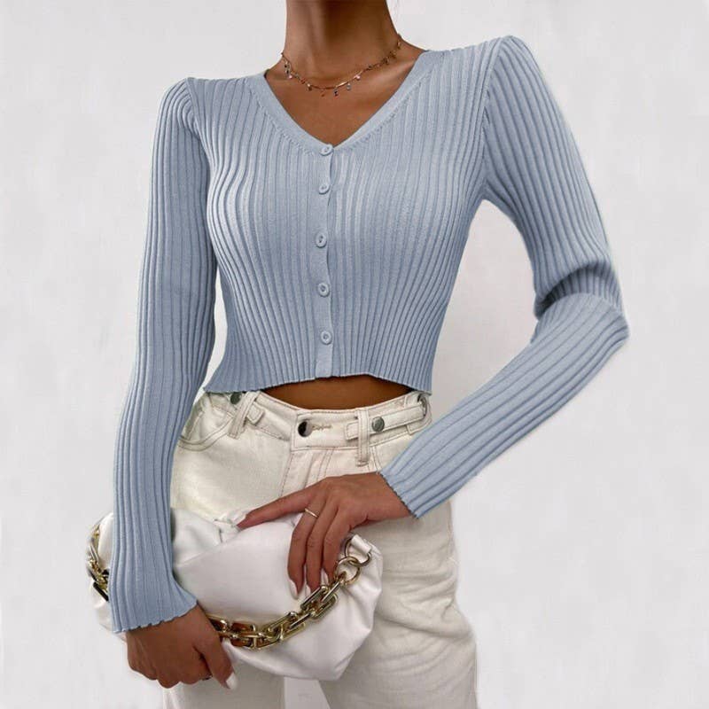 V-NECK PIT STRIP SINGLE BREASTED SHORT CARDIGAN