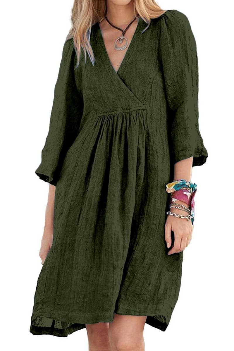 CWDSD10628_V-NECK CROSS-SLEEVE LOOSE CASUAL DRESS