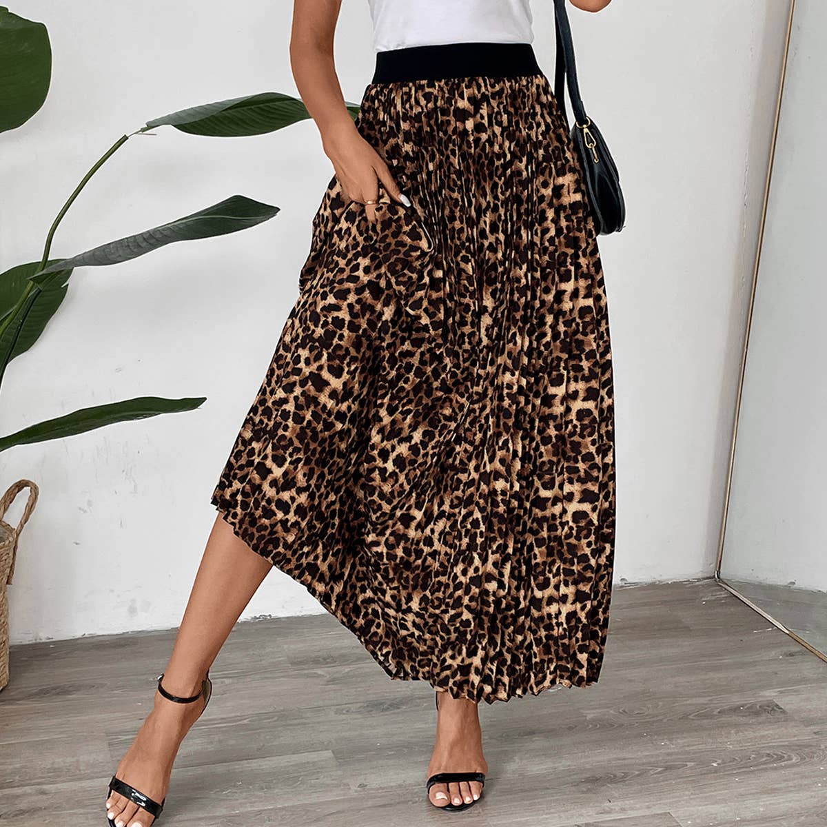 TEMPERAMENT COMMUTER LEOPARD PLEATED SKIRT