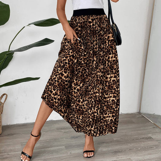 TEMPERAMENT COMMUTER LEOPARD PLEATED SKIRT